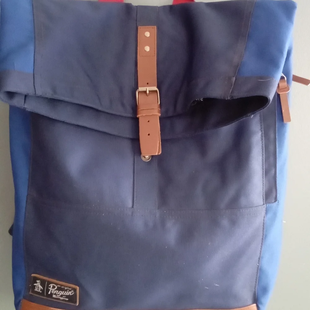 Penguin Backpack Blue Canvas Leather Trim Roll‎ Top Adjustable Straps